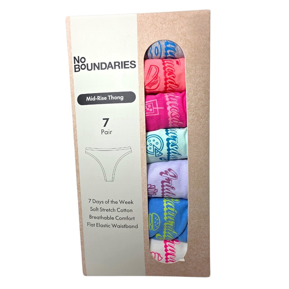 No Boundaries Cotton Thong Panties Days of the Week 7 Pack Women's Sizes XS-XXXL